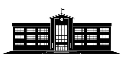 High school building with multiple stories, large windows, and a central entrance with a flagpole, vector illustration art