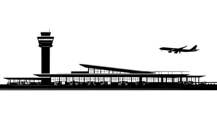 Large airport terminal with multiple gates, expansive glass windows, and control tower, vector illustration art