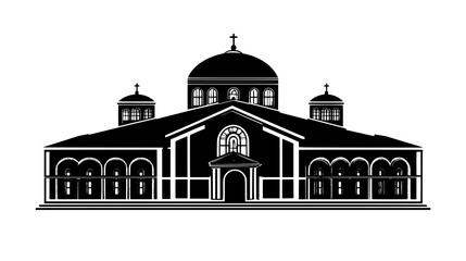 Obraz premium Large basilica with broad central nave, expansive roof, and decorative elements, vector illustration art