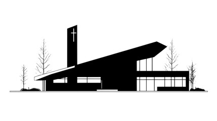 Fototapeta premium Modern chapel with minimalist design and cross on the roof, vector illustration art