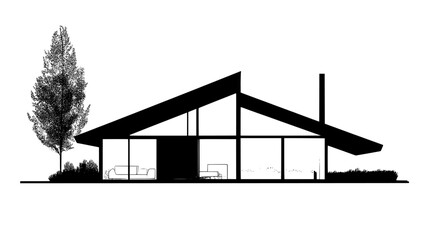 Fototapeta premium Modern structure with a sloping roof, wide glass panels, and an adjacent open courtyard, vector illustration art
