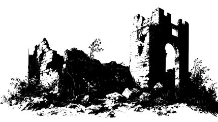 Ruined fortress with breached walls and remnants of a once-mighty gatehouse, vector illustration art