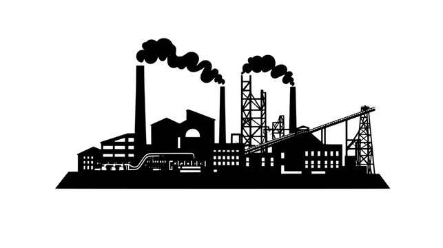 Steel mill with blast furnaces, smokestacks, and conveyor belts transporting materials across the site, vector illustration art