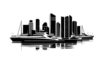Fototapeta premium View of a waterfront city with docks, boats, and a backdrop of tall buildings, vector illustration art