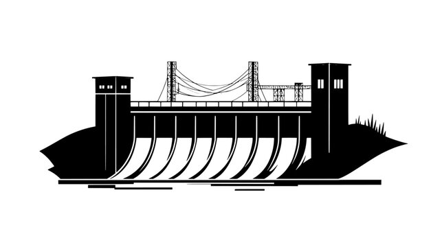 Water reservoir with a dam structure, spillway, and adjacent control buildings, vector illustration art