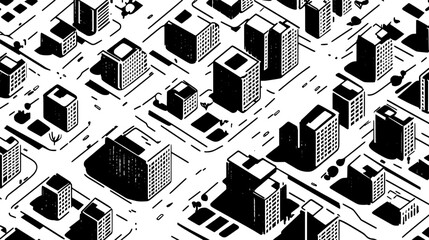 Aerial perspective of a city, showcasing a grid of buildings, intersecting streets, and green spaces, vector illustration art