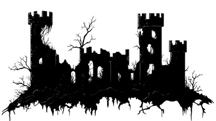 Obraz premium Abandoned castle with deteriorating walls and vines, vector illustration art