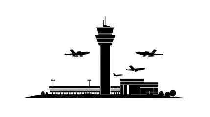 Air traffic control tower standing tall near the terminal building, vector illustration art