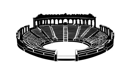 An ancient amphitheater with tiered seating and an open stage, vector illustration art