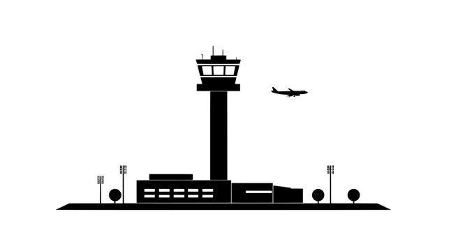 Air traffic control tower standing tall near the terminal building, vector illustration art