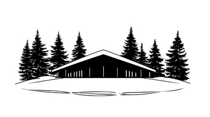 Ice skating rink with a peaked roof near evergreen trees, vector illustration art