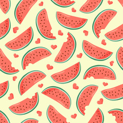 Juicy watermelon slices with small hearts seamless pattern. Summer fruit vector illustration. Tropical fruit background for Valentines day, baby fabric, kids textile, packaging, wrapping, scrapbook