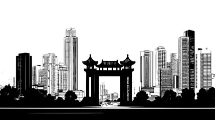 Obraz premium Ancient city gate with modern buildings and wide street in front, vector illustration art