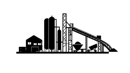 Obraz premium Cement plant with silos, mixing drums, and a series of conveyor belts transporting materials, vector illustration art