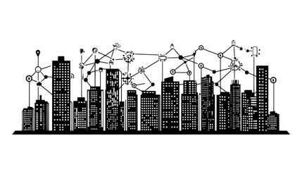 City skyline showing high-rise buildings and a network of interconnected roadways, vector illustration art