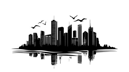 Fototapeta premium Modern skyscrapers dominating skyline with river running through, vector illustration art