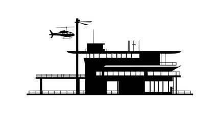 Fototapeta premium Elevated helipad featuring a landing zone, wind sock, safety railing, and perimeter lighting on a building, vector illustration art