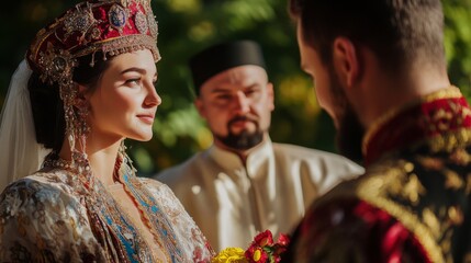 A bride and groom in elaborate traditional costumes exchange vows, while a solemn officiant witnesses their union in a beautiful outdoor setting.