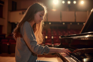 Young girl playing piano on stage during a performance