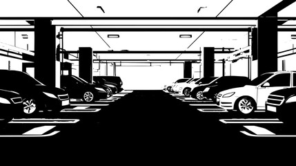 Interior view of a parking garage featuring numerous parked vehicles and designated parking spaces, vector illustration art