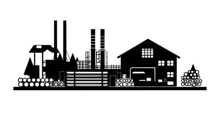 Fototapeta premium Logging facility with sawmills, log piles, and large machinery for processing timber, vector illustration art