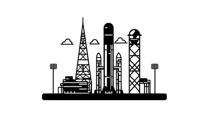 Main launch pad at a spaceport with support structures, control tower, fueling area, and infrastructure, vector illustration art