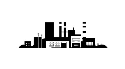 Naklejka premium Manufacturing plant with assembly lines visible through large windows and a series of auxiliary buildings, vector illustration art