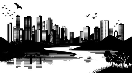 Panoramic urban landscape with tall buildings, river, and surrounding hills, vector illustration art