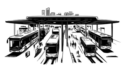 Overhead view of buses maneuvering through the station's entry and exit points, vector illustration art