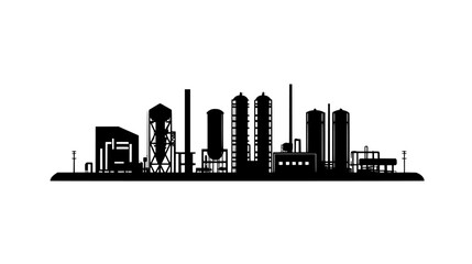 Fototapeta premium Structure with heavy machinery, flanked by silos and network of pipelines, vector illustration art