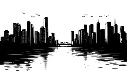 Tall office buildings overlooking river with bridges in sight, vector illustration art