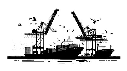 Vessels anchored at the dock, with organized stacks of containers and operational cranes nearby, vector illustration art