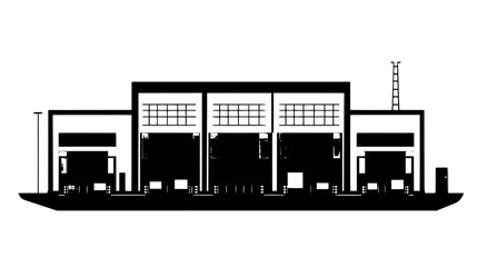 Obraz premium Warehouse complex with multiple large entry doors, loading ramps, and expansive storage areas, vector illustration art
