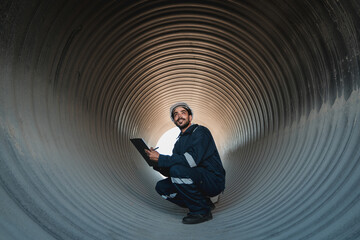 Engineers working inside a large steel pipe of a tunnel foundation. Workers involved in constructing a pipeline for transporting oil, natural gas, and fuel at an industrial factory.
