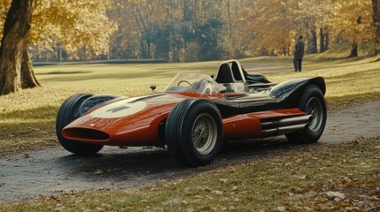 Vintage Formula 1 Race Car in Action - A classic Formula 1 race car speeding on the track with a full grandstand in the background, capturing the thrill of vintage motorsport.