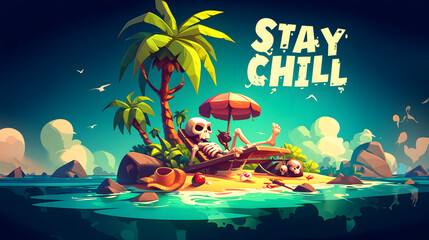 A skeleton relaxing on a tropical island with a laid-back vibe