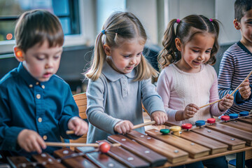 Young children playing xylophone in a classroom setting