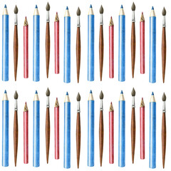 Seamless pattern watercolor different stationery, pencil, brush. Hand drawn objects on white background. Education Back to School concept. For wrapping, fabric, wallpaper. Illustration line draw decor