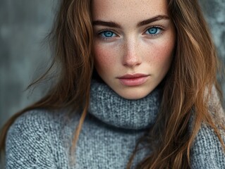 Naklejka premium Young Woman Wearing Turtle Neck Sweater