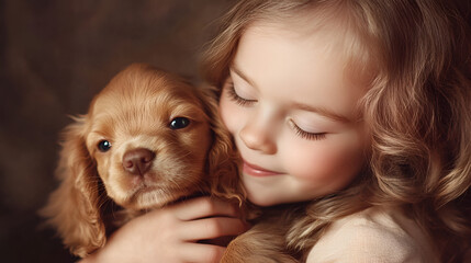 Happy boy with a beautiful dog Puppy turning away from girl's kissesyoung child and his puppy, Generative AI