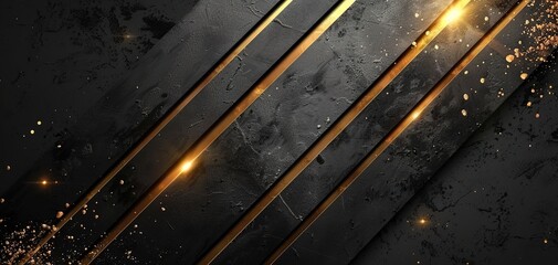Abstract black and gold geometric background with glowing lights.