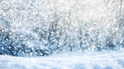 Wintery forest scene with falling snowflakes creating a serene and magical atmosphere.