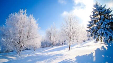 Obraz premium A serene winter landscape featuring frost-covered trees under a clear blue sky.