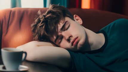 Obraz premium Young man with tousled hair sleeping on a couch beside a cup of coffee.