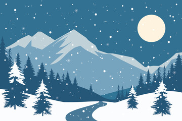 Winter night in the mountains with snow-covered trees and a path leading through the landscape. Snowy mountain peaks and night sky with snowflakes, stars and moon. Vector illustration of Christmas.