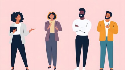 Illustration of a diverse group of four professionals discussing and collaborating in a positive environment.