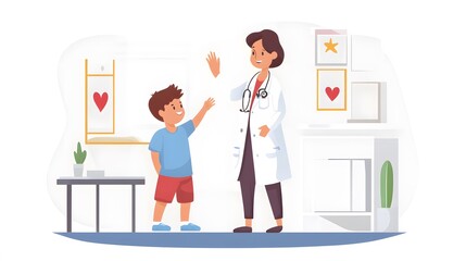 Female pediatrician high-fiving a young boy in a bright, welcoming office.
