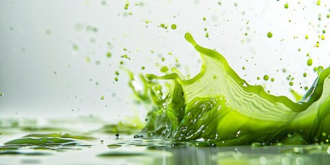A vibrant splash of a green smoothie beautifully captures the essence of freshness and vitality, showcasing a variety of nutritious ingredients and presenting a lively, truly refreshing beverage