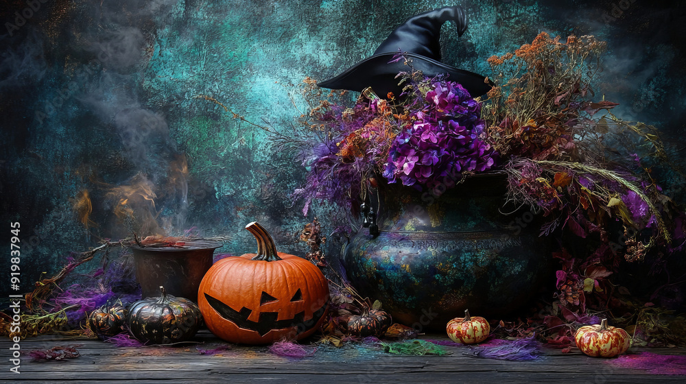 Wall mural halloween pumpkin with witch hat