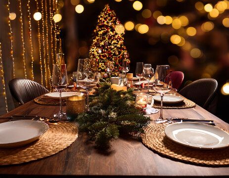 Soir&eacute;e de No&euml;l, la table est dress&eacute;e pour le r&eacute;veillon en famille et entre amis